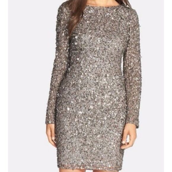 NEW Adrianna Papell Scoop Back Sequin Long Sleeve Dress in Lead - Picture 1 of 11